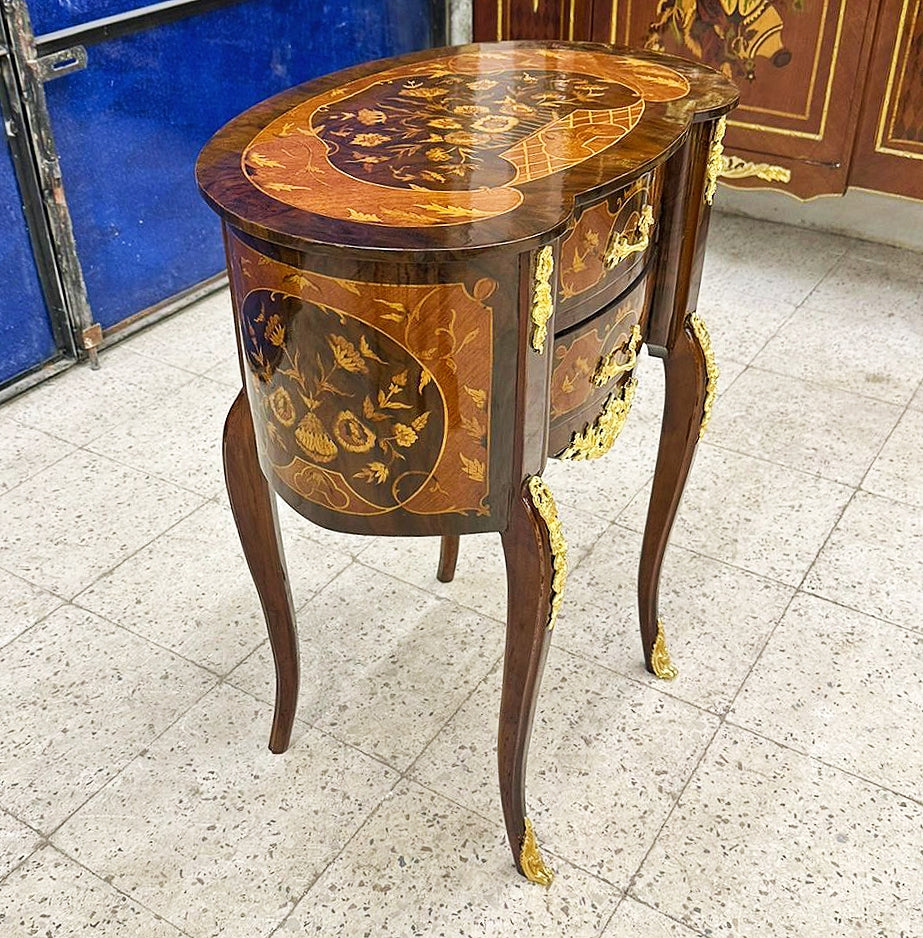 Bedside Table Louis XV Style – French Marquetry Side Table with Drawer