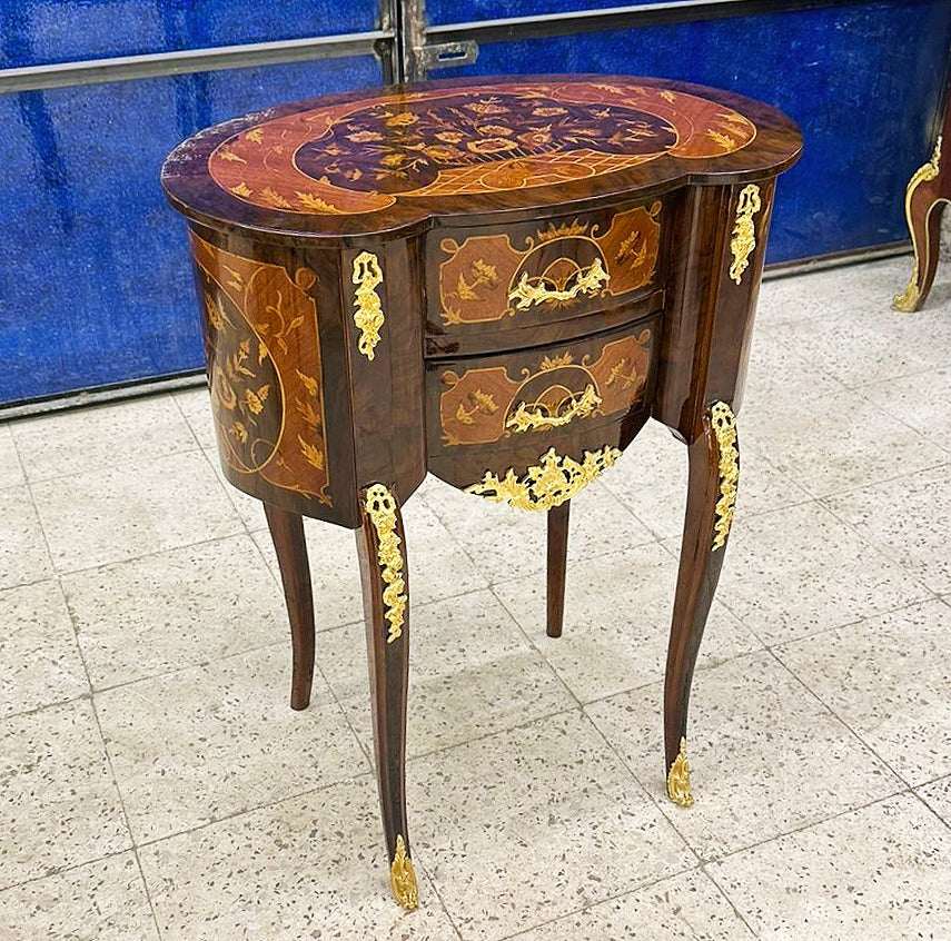 Bedside Table Louis XV Style – French Marquetry Side Table with Drawer