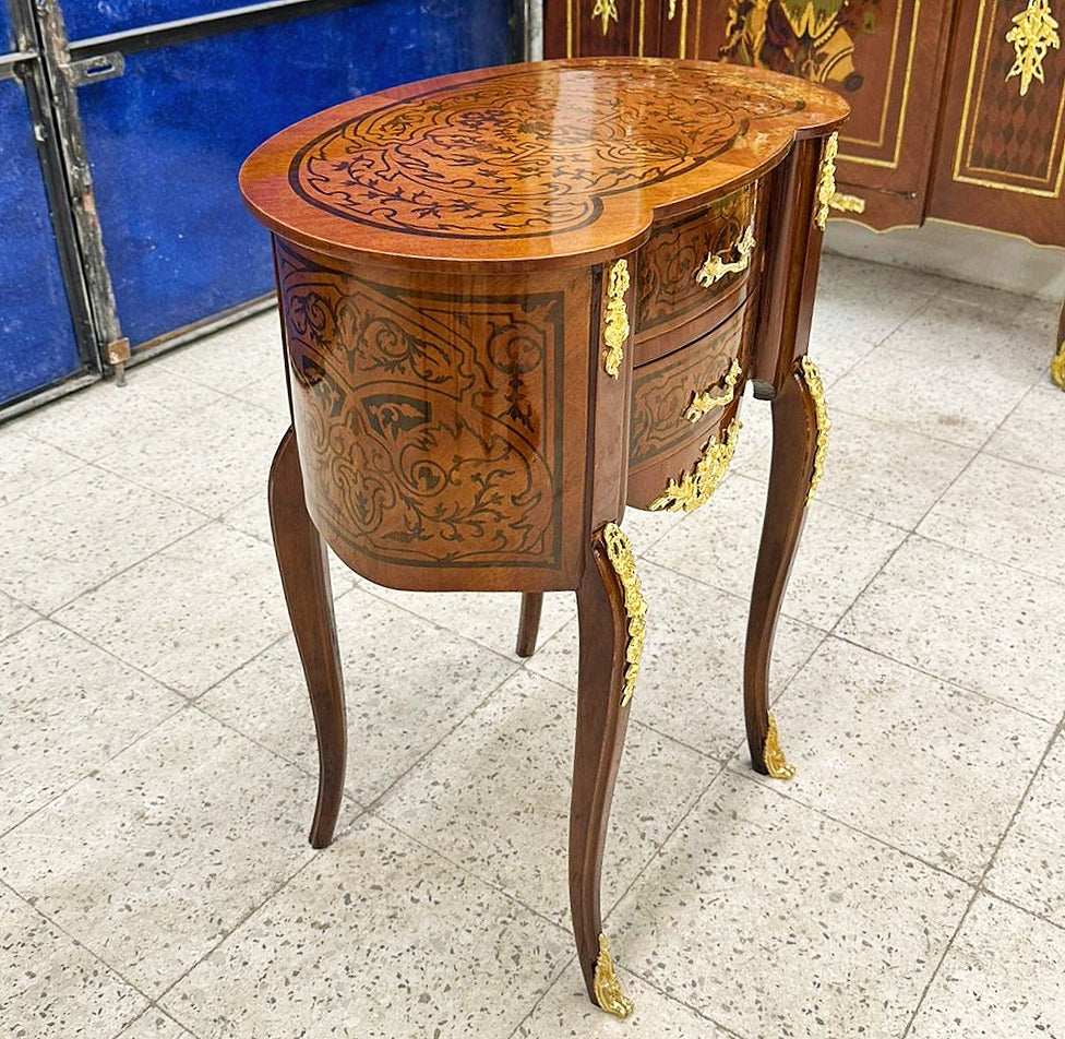 Bedside Table Louis XV Style – French Marquetry Side Table with Drawer
