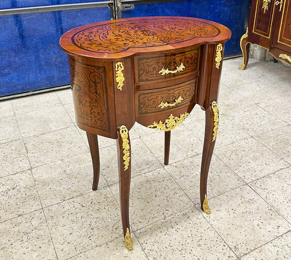 Bedside Table Louis XV Style – French Marquetry Side Table with Drawer