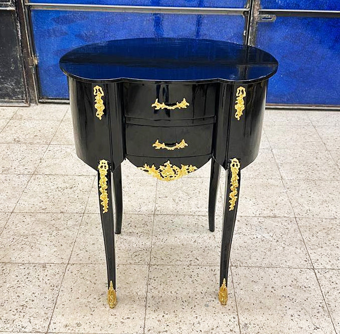 Black Bedside Table Louis XV Style – French Marquetry Side Table with Drawer