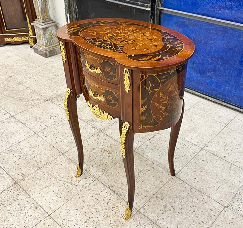 Bedside Table Louis XV Style – French Marquetry Side Table with Drawer