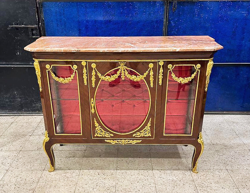 French Style Brown Vitrine Cabinet – Marble Top, Red Velvet Interior, Bronze & Gold Leaf Details Luxury Display Cabinet