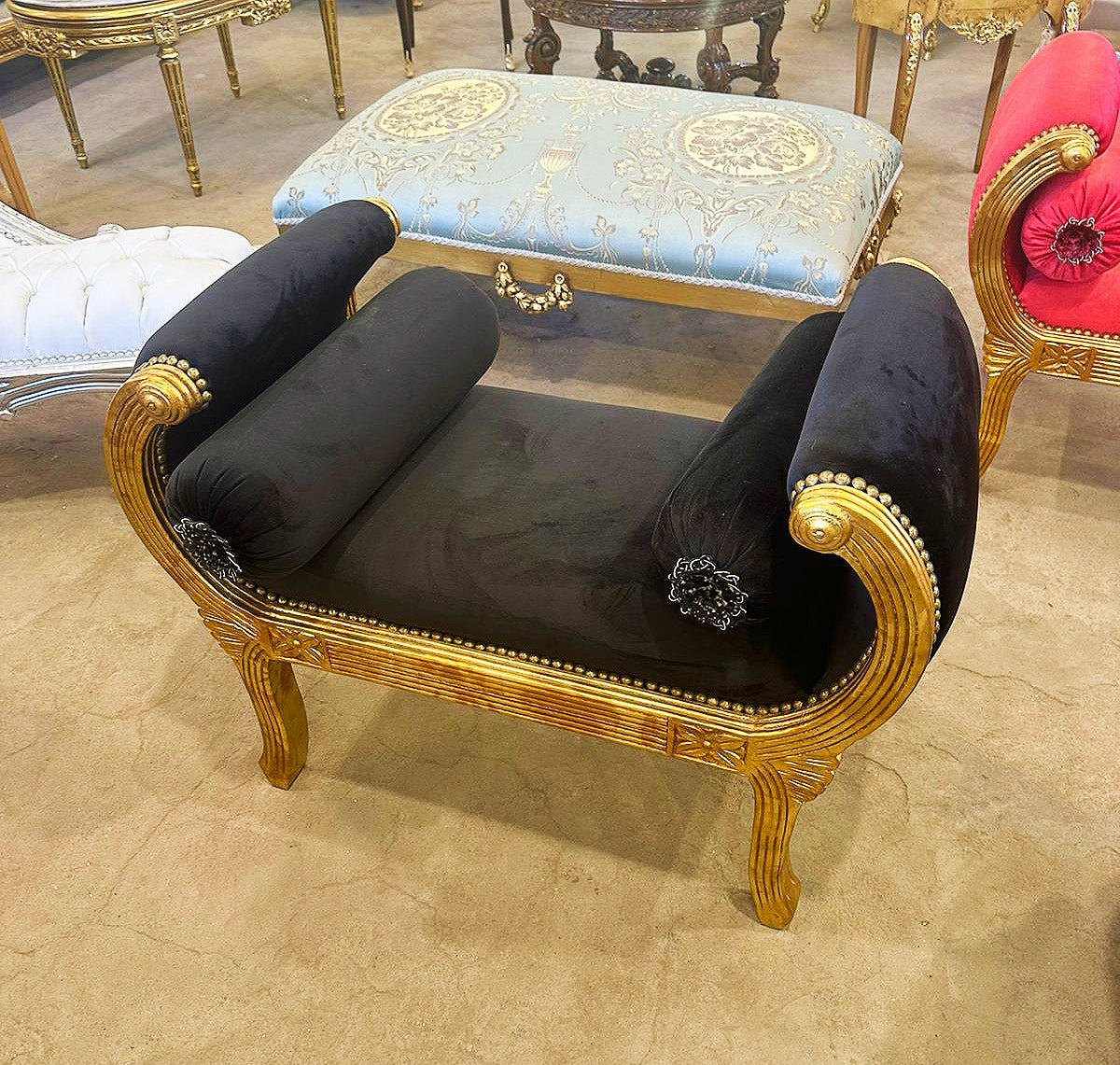 Black Small Bench French Style With Gold Details Rococo Baroque Furniture