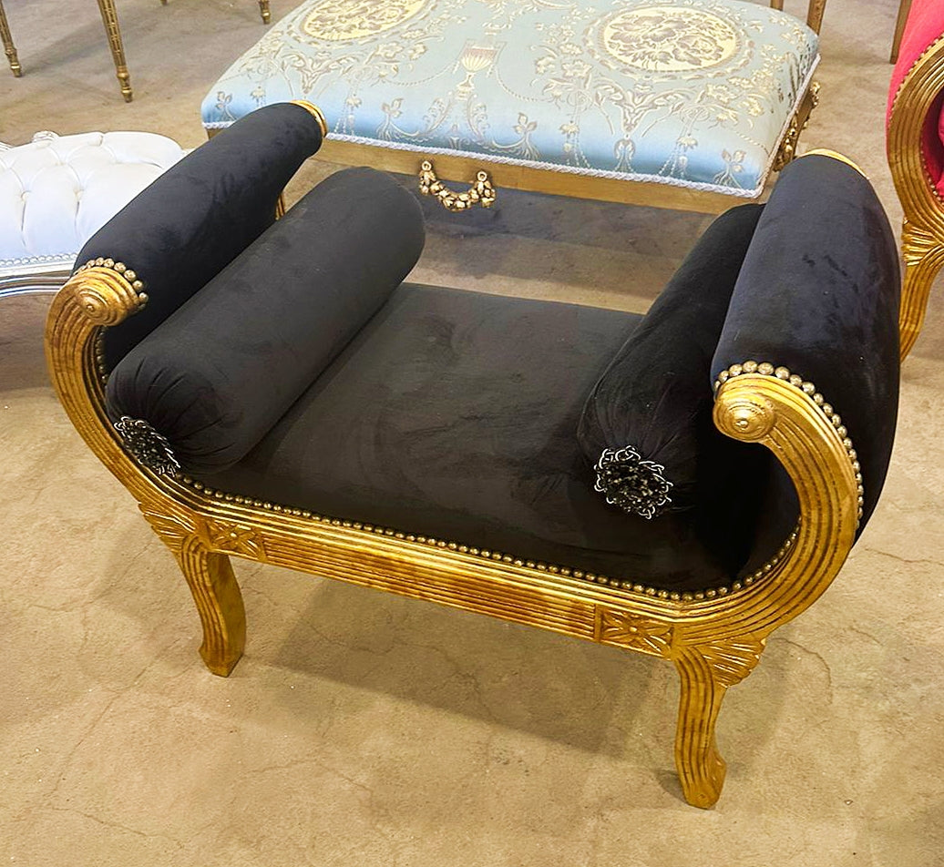 Black Small Bench French Style With Gold Details Rococo Baroque Furniture