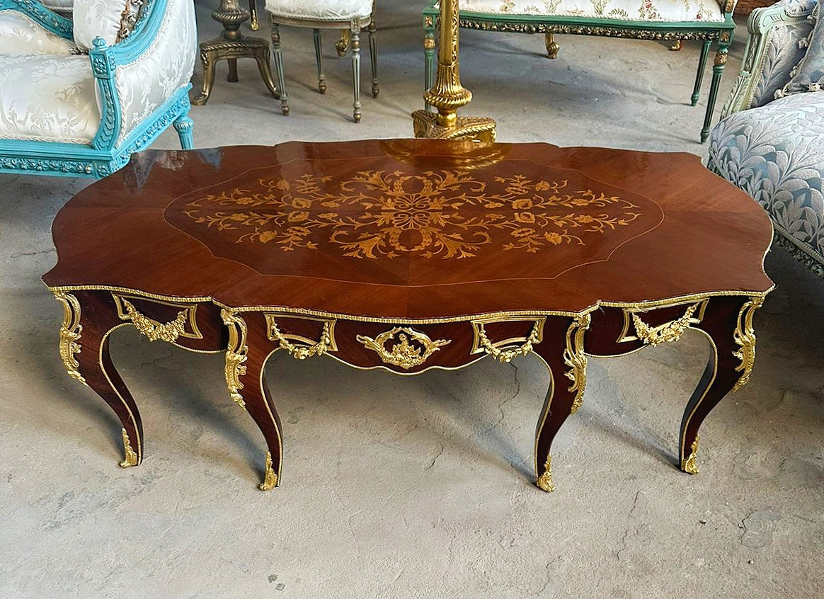 French Style Wooden Coffee Table with Bronze Details