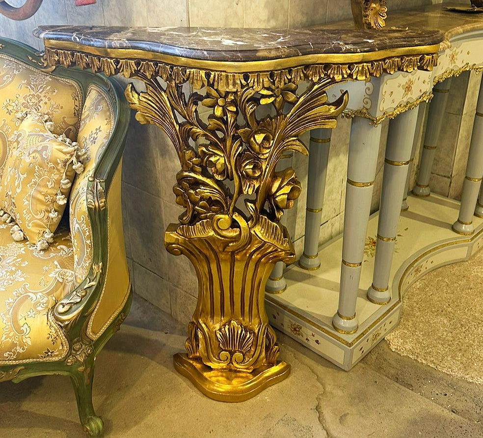 Rococo Style Marble Topped Console Table With Gold Details
