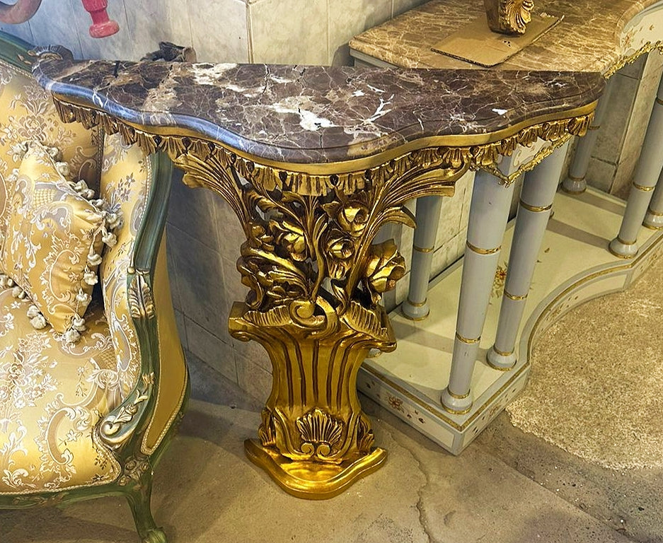 Rococo Style Marble Topped Console Table With Gold Details