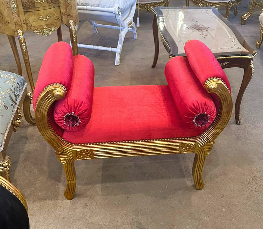Red Small Bench French Style With Gold Details Rococo Baroque Furniture