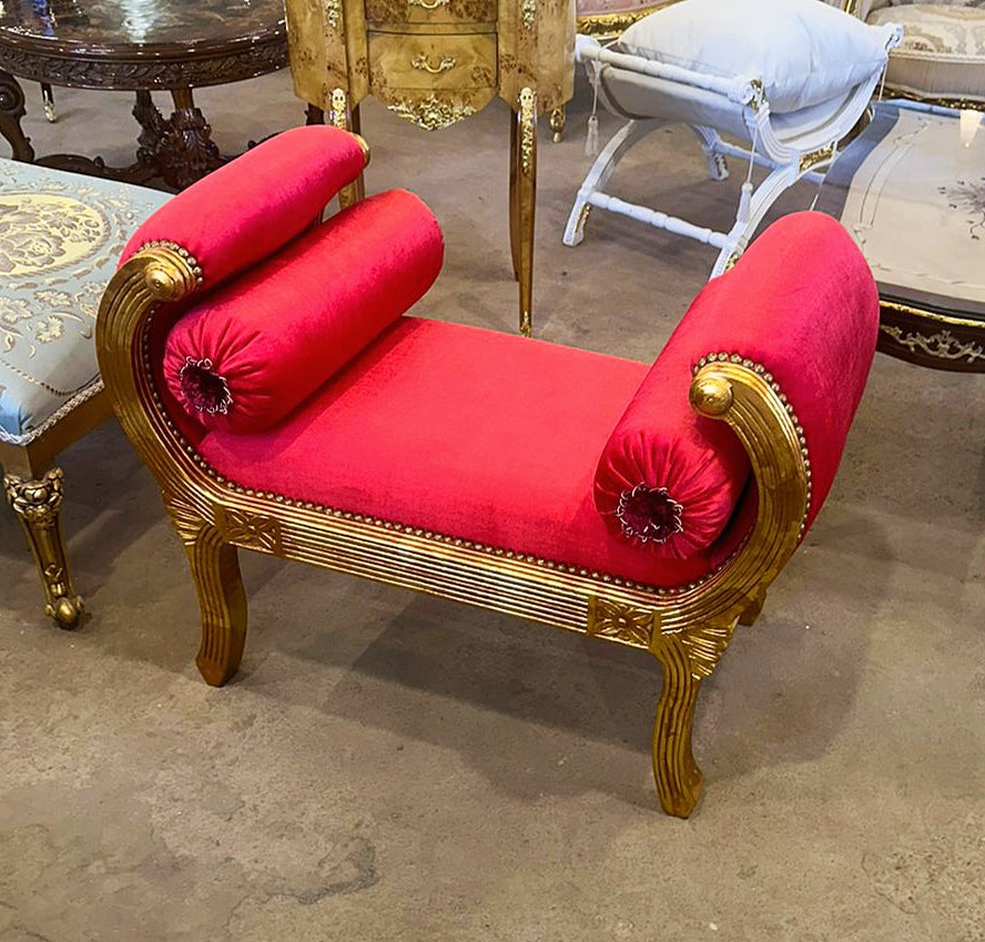 Red Small Bench French Style With Gold Details Rococo Baroque Furniture