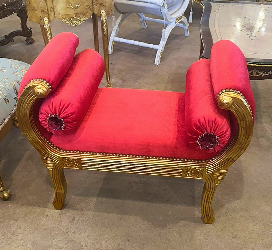 Red Small Bench French Style With Gold Details Rococo Baroque Furniture