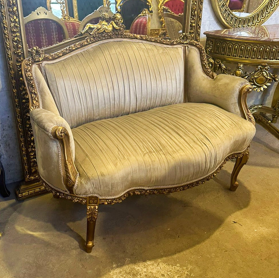 French Style Light Gray Sofa Interior Design Gold Leaf Details