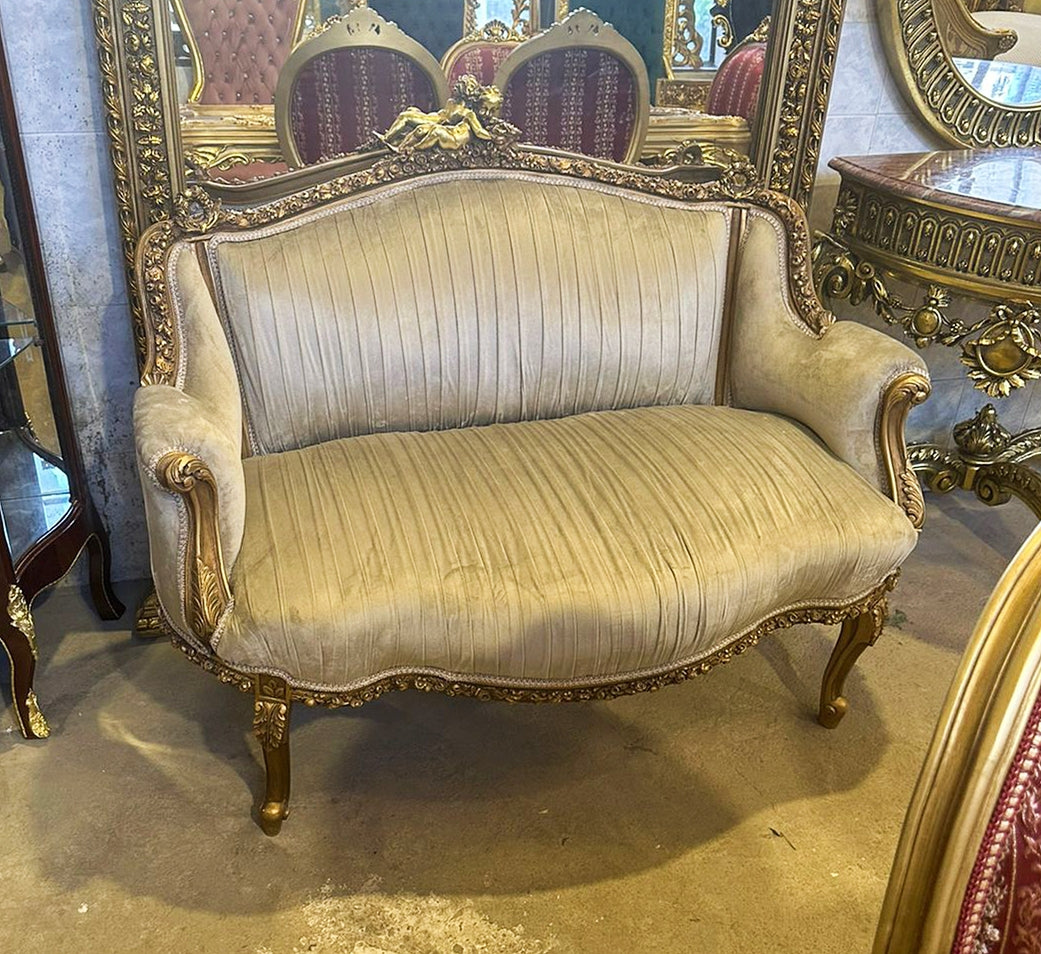 French Style Light Gray Sofa Interior Design Gold Leaf Details