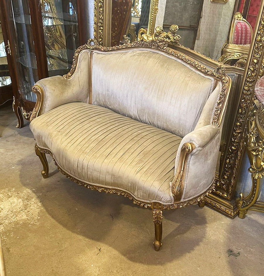 French Style Light Gray Sofa Interior Design Gold Leaf Details