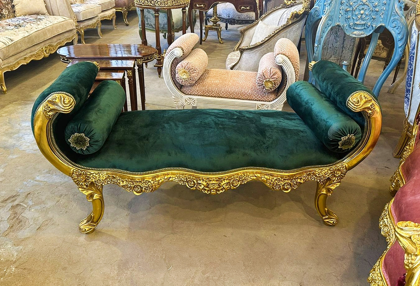 Baroque Style Vintage Green Velvet Bench Interior Deisgn Furniture