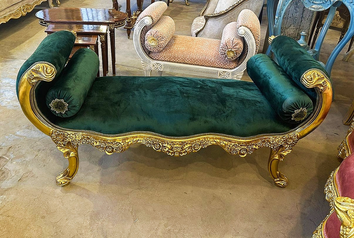 Baroque Style Vintage Green Velvet Bench Interior Deisgn Furniture
