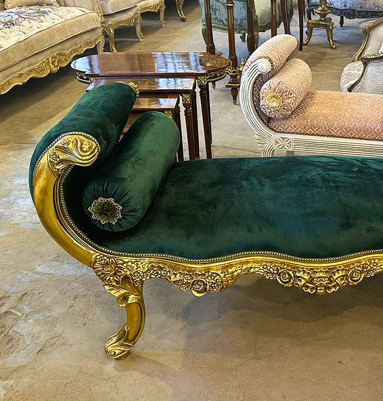 Baroque Style Vintage Green Velvet Bench Interior Deisgn Furniture