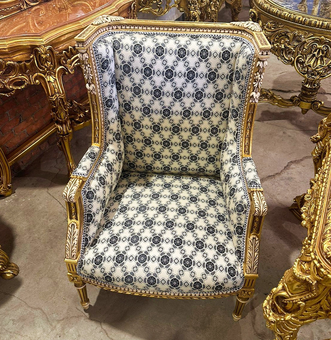 French Louis XV Style Gold/Blue Damask Bergere Wing Chair with Gold Details