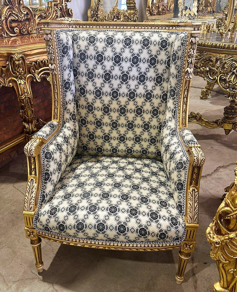 French Louis XV Style Gold/Blue Damask Bergere Wing Chair with Gold Details
