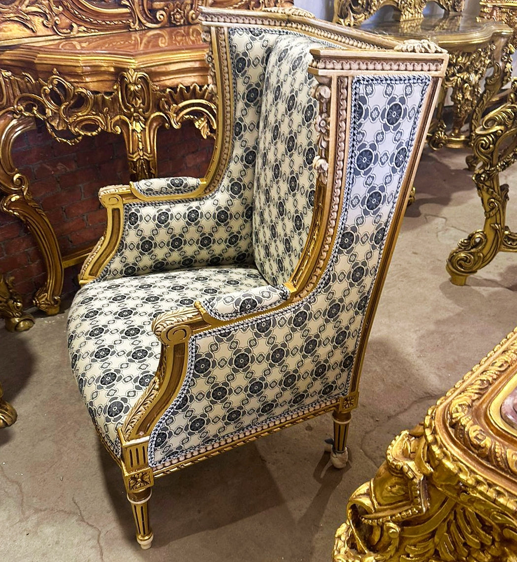 French Louis XV Style Gold/Blue Damask Bergere Wing Chair with Gold Details