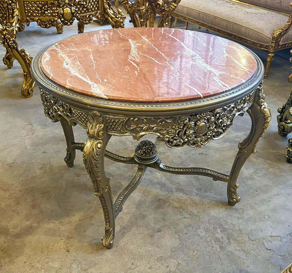 French Victorian Marble Top Center Table – Ornate Silver Finish