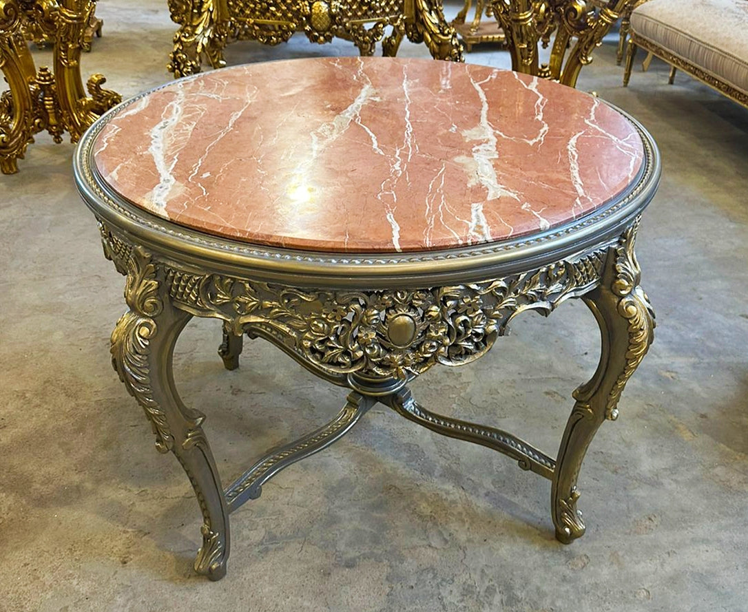 French Victorian Marble Top Center Table – Ornate Silver Finish