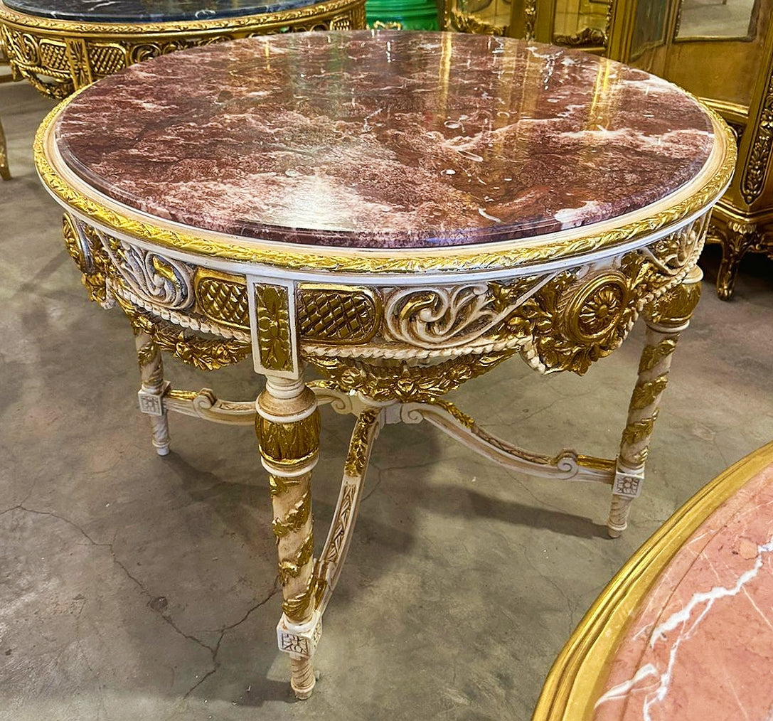 French Style White and Gold Center Table Marble Topped