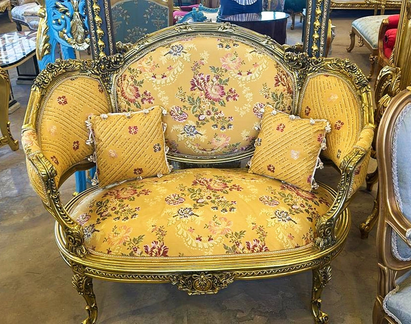 French Rococo Style Damask Light Yellow Sofa Vintage *2 pillows* Gold Leaf Details