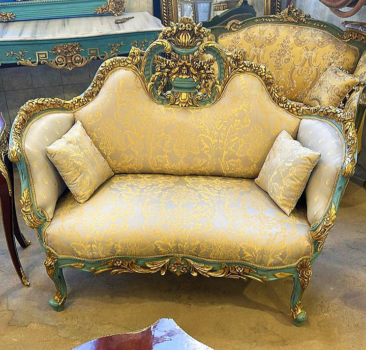 French Style Sky Blue Small Settee Gold Leaf Details Bench Furniture Home
