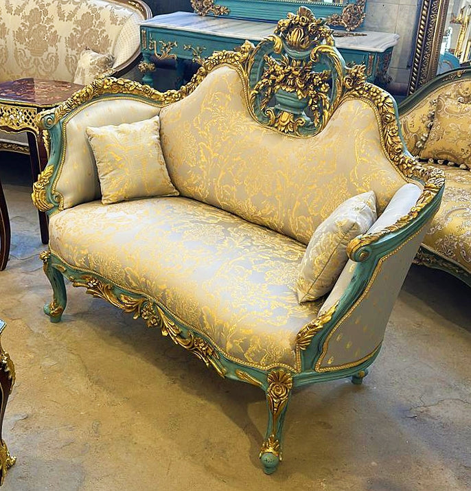 French Style Sky Blue Small Settee Gold Leaf Details Bench Furniture Home