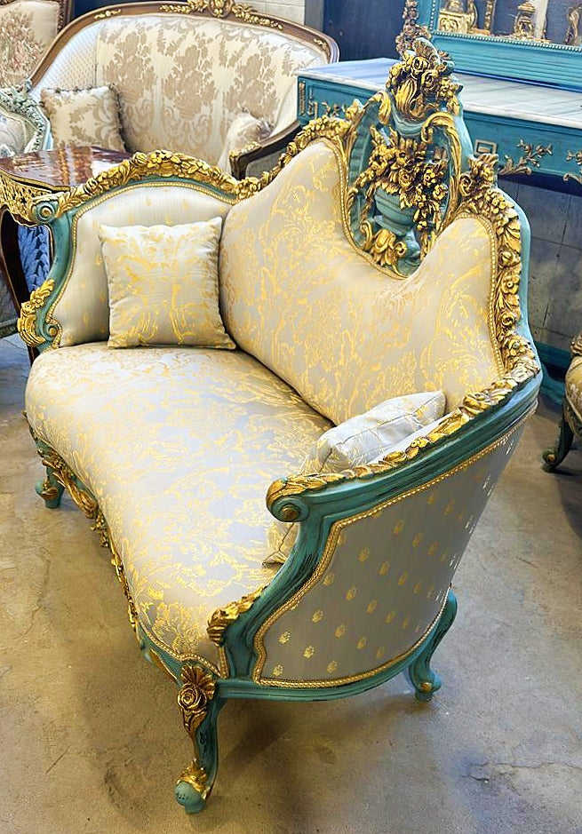 French Style Sky Blue Small Settee Gold Leaf Details Bench Furniture Home