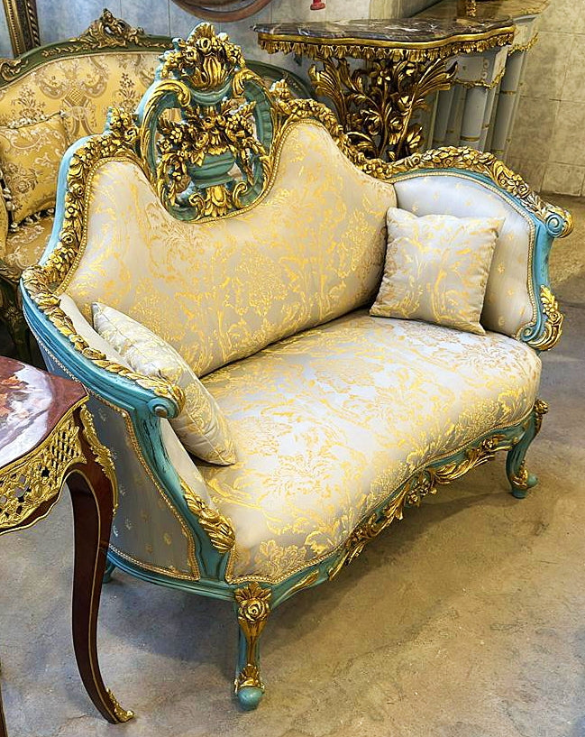 French Style Sky Blue Small Settee Gold Leaf Details Bench Furniture Home