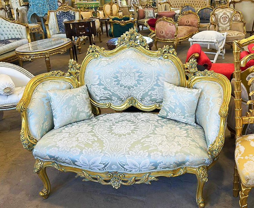 French Style Sky Blue Damask Sofa Vintage Wedding Sofa Gold Leaf Details