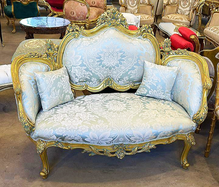French Style Sky Blue Damask Sofa Vintage Wedding Sofa Gold Leaf Details