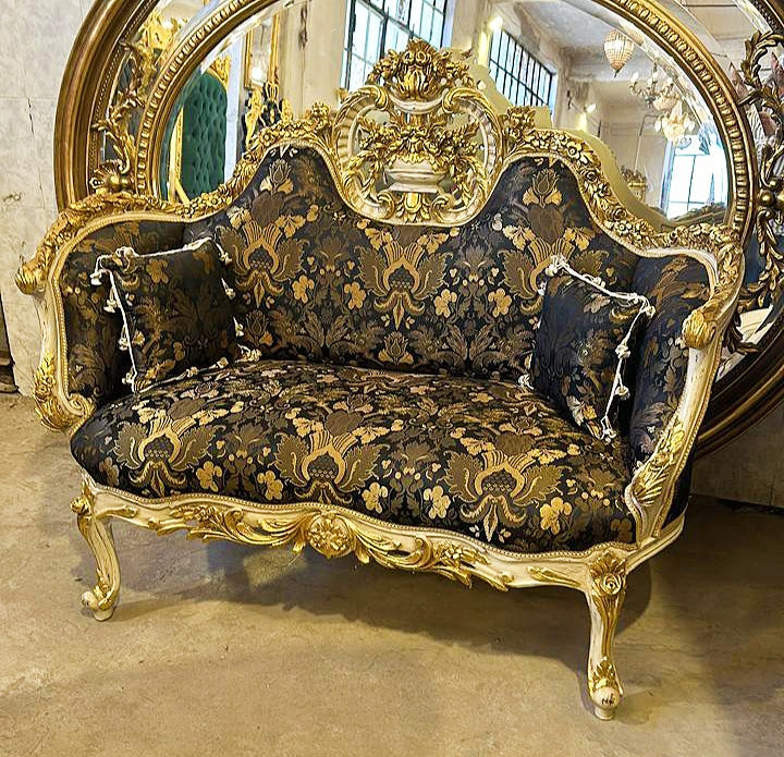 Elegant French Dark Settee with Gold Leaf Detailing – Vintage Style Bench