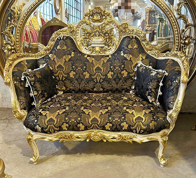 Elegant French Dark Settee with Gold Leaf Detailing – Vintage Style Bench