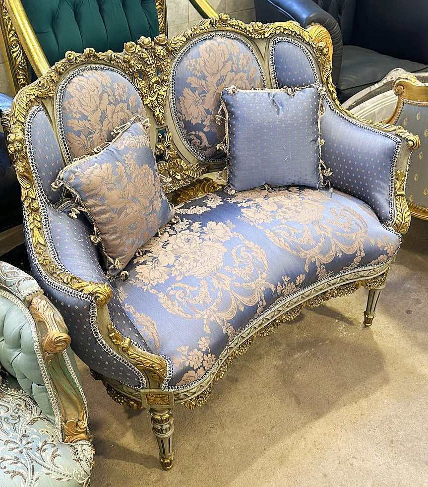 Italian Style Blue Sofa Vintage Interior Design Gold Leaf Details French