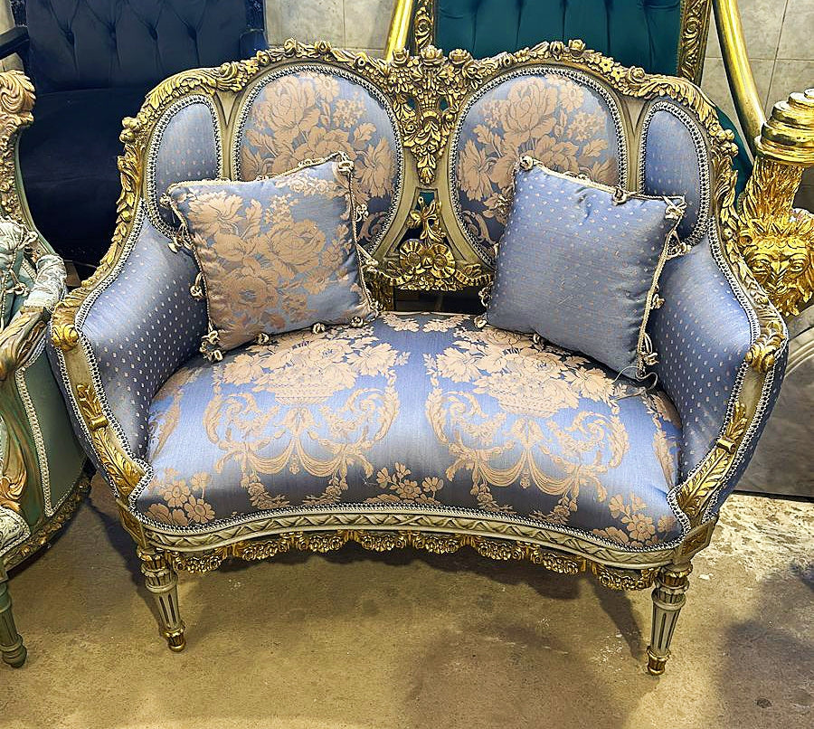 Italian Style Blue Sofa Vintage Interior Design Gold Leaf Details French