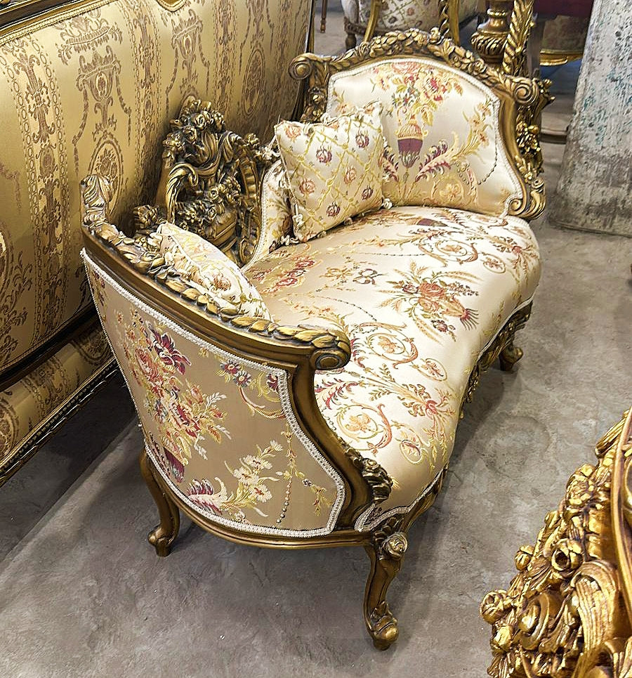 Beige French Settee Bench – Glam Accent for Living Room or Entryway