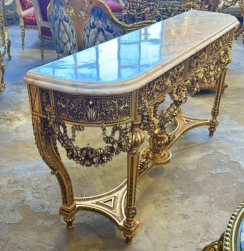 French Antique Console Louis XVI Style in Gold Leaf Marble Topped