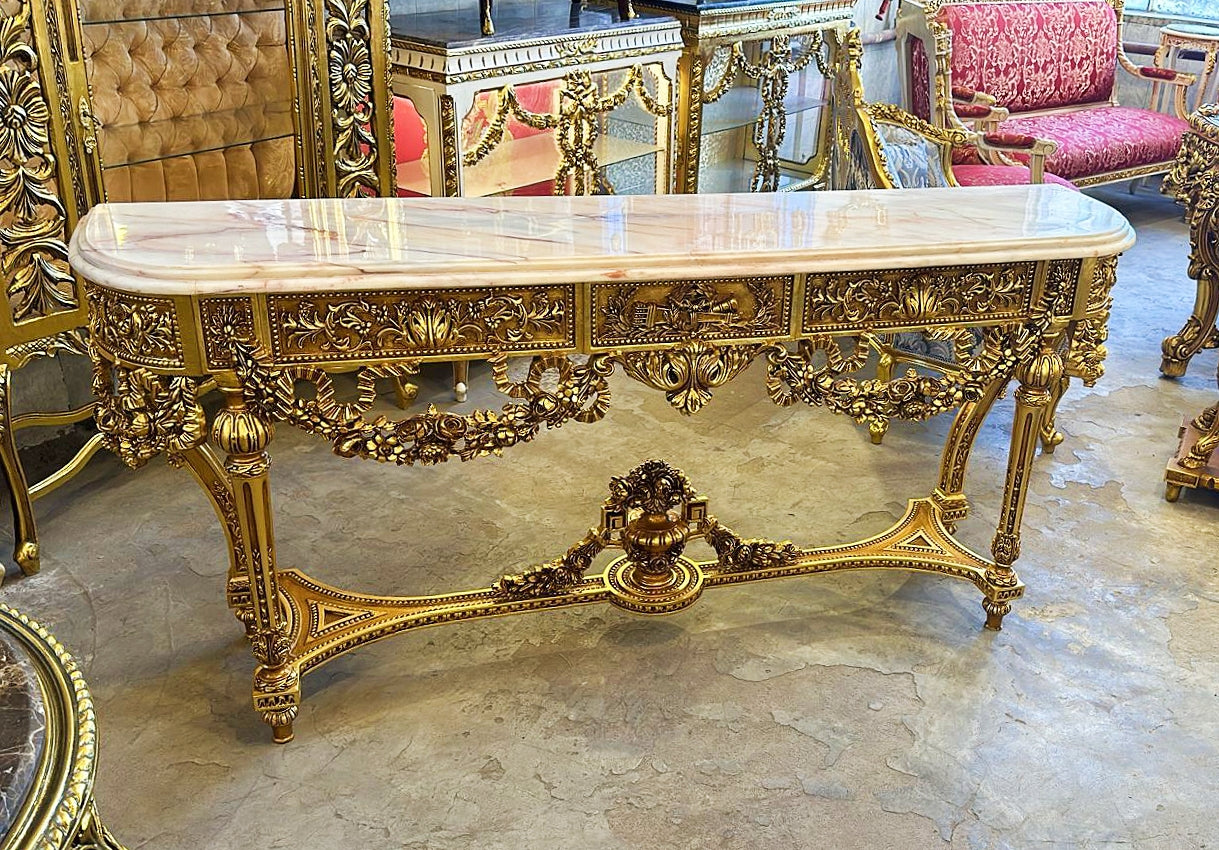 French Antique Console Louis XVI Style in Gold Leaf Marble Topped