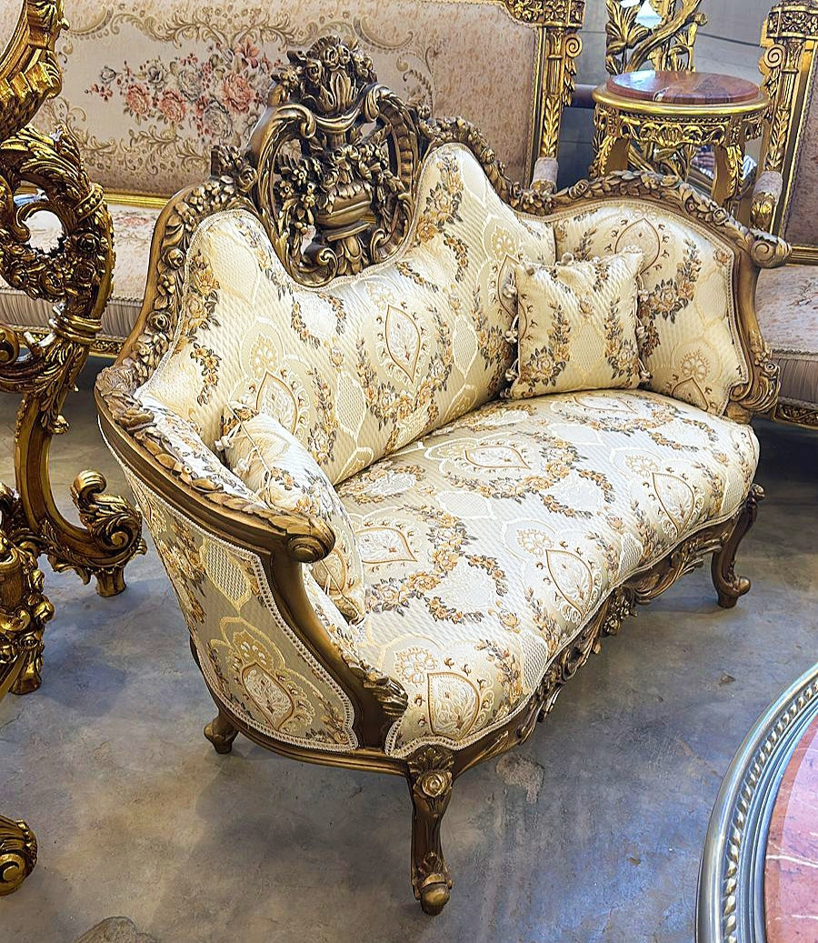 Antique-Inspired French Settee – White Beige Upholstery & Gold Detailing