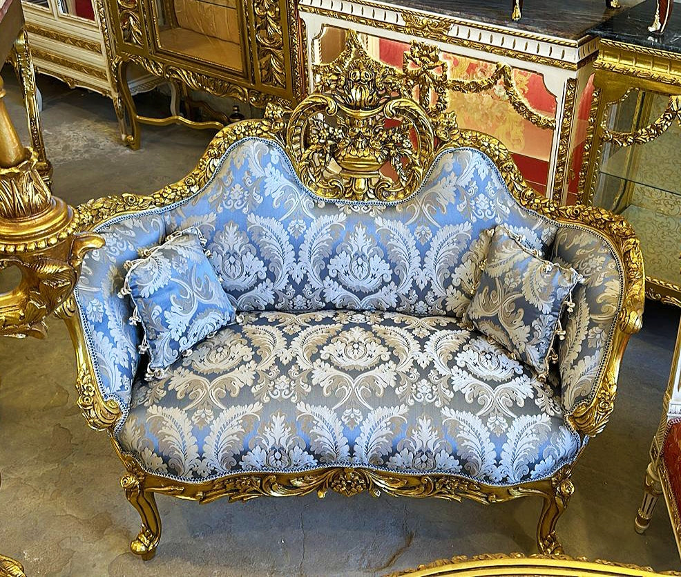 Luxury French-Style Settee in Blue Damask Fabric with Gold Leaf Accents