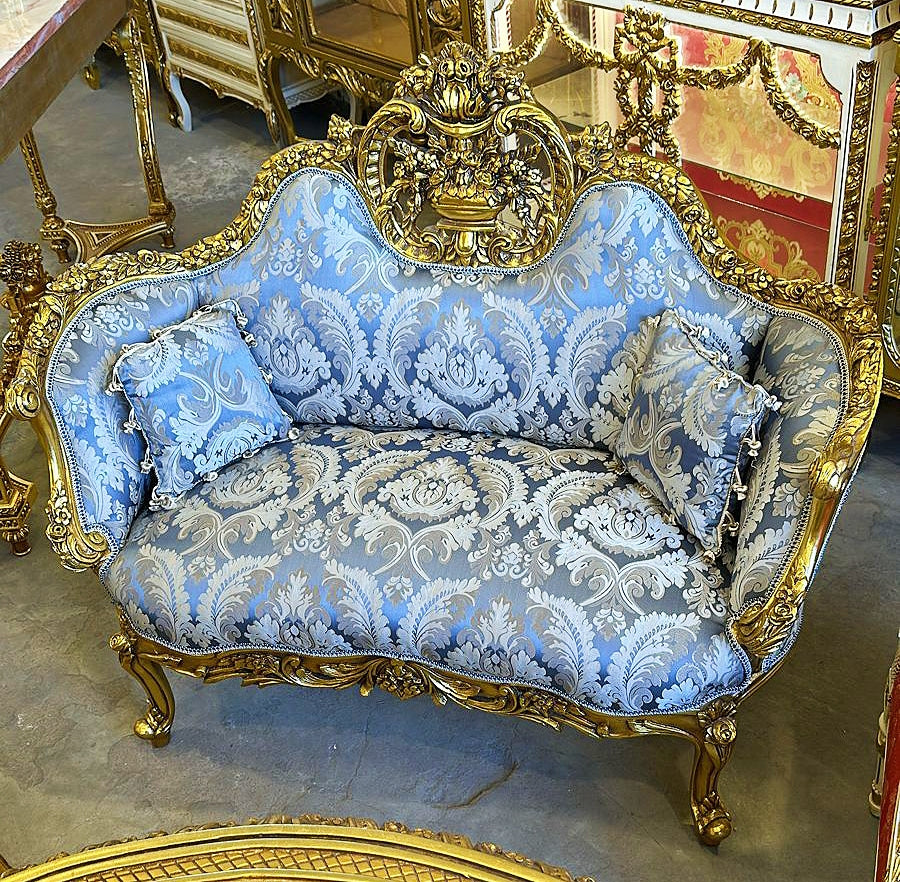 Luxury French-Style Settee in Blue Damask Fabric with Gold Leaf Accents