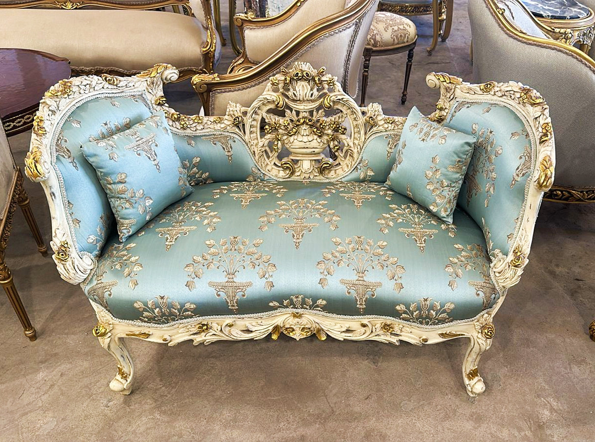 French Style Sky Blue Small Settee Gold Details Bench Furniture Home