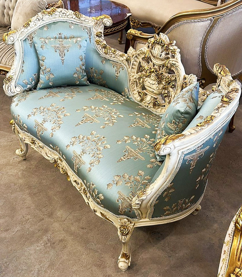 French Style Sky Blue Small Settee Gold Details Bench Furniture Home