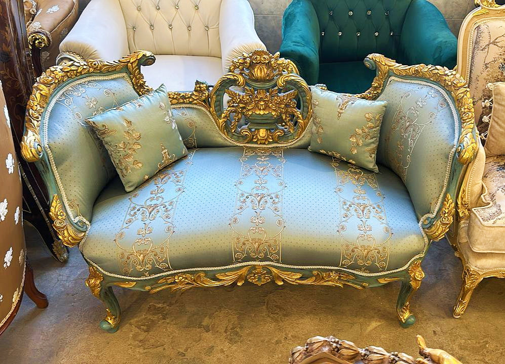Elegant French Blue Green Settee with Gold Leaf Detailing – Vintage Style Bench