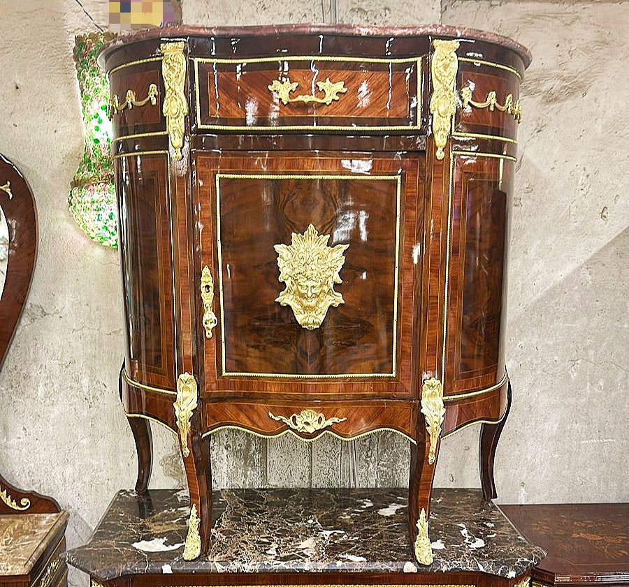 Louis XV Style Brown Commode Cabinet Bronze Details Marble Topped