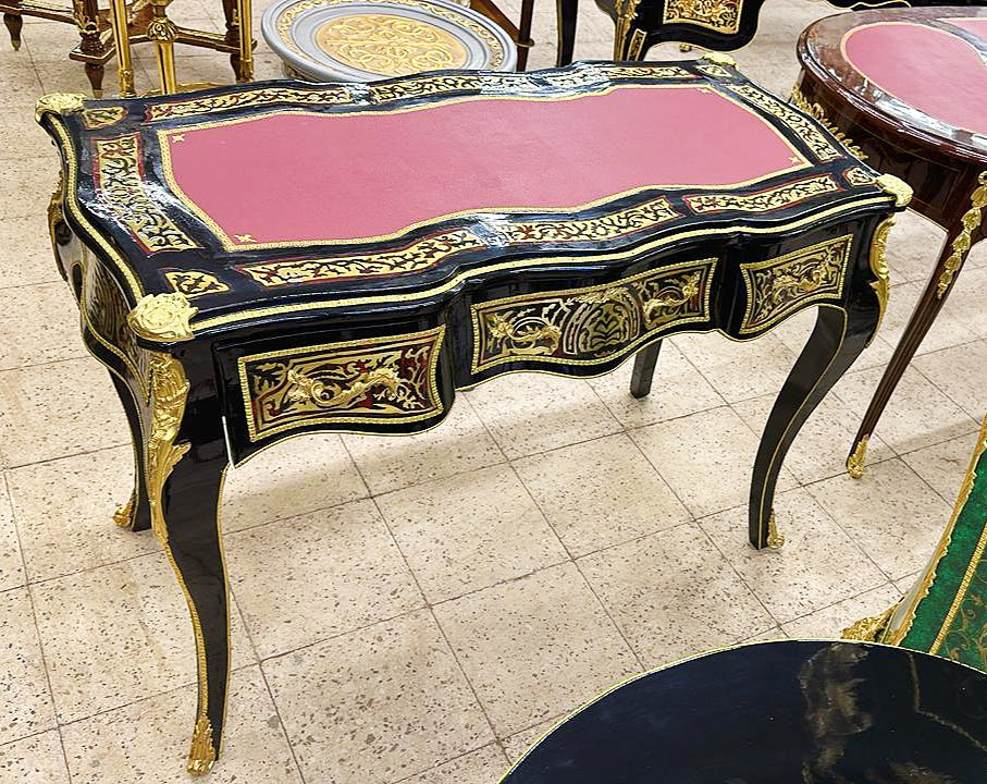 French Rococo Style Black Desk Table With Gold Details