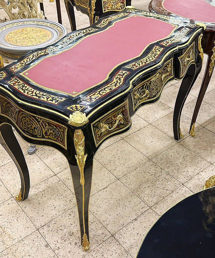 French Rococo Style Black Desk Table With Gold Details